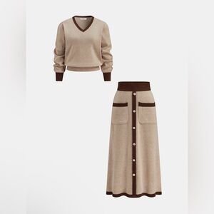 NWT Commense Tan and Brown Sweater Midi Skirt Set - Size Large